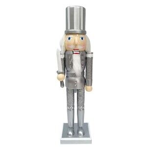 Wooden Christmas Nutcracker,15",SOLDIER IN SILVER/GREY HAT & UNIFORM W/SWORD,ATH